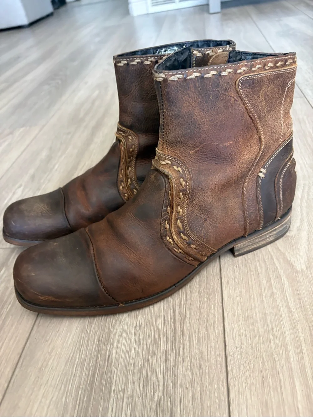 Bed Stu RevolutionMen's Size 12 Brown Leather Ankle Boots Rustic Stitched Trim